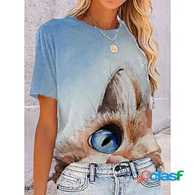 Womens T shirt Cat Cat Animal Round Neck Print Basic Tops