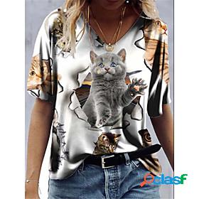 Women's T shirt Cat Cat Animal V Neck Basic Tops White / 3D