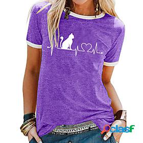 Womens T shirt Cat Cat Heart Letter Round Neck Patchwork