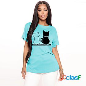 Womens T shirt Cat Graphic Round Neck Print Basic Tops 100%