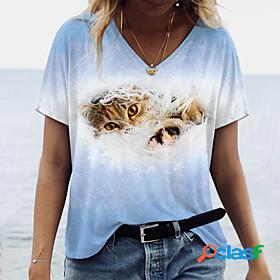 Womens T shirt Cat Painting Cat V Neck Print Basic Tops