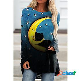 Women's T shirt Cat Painting Galaxy Cat Round Neck Print