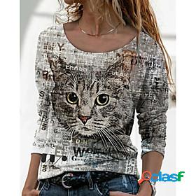 Womens T shirt Cat Painting Long Sleeve Cat Animal Round