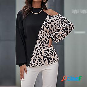 Womens T shirt Color Block Leopard Round Neck Basic Tops