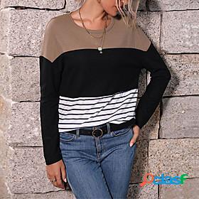 Womens T shirt Color Block Round Neck Basic Tops Brown