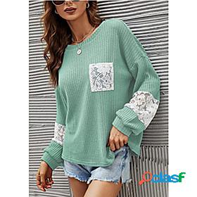 Women's T shirt Color Block Round Neck Lace Pocket Patchwork