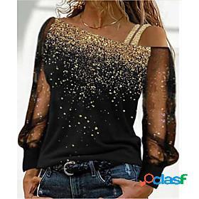 Womens T shirt Color Gradient Diagonal Neck Basic Tops Blue