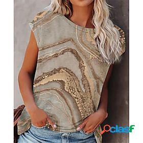 Womens T shirt Color Gradient Round Neck Patchwork Print