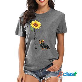 Womens T shirt Dog Sunflower Letter Round Neck Print Basic