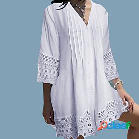 Womens T shirt Dress Blouse Shirt Plain V Neck Lace Trims