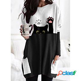 Womens T shirt Dress Cat Cartoon Graphic Prints Long Sleeve