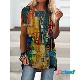 Women's T shirt Dress Color Block Print Round Neck Tops