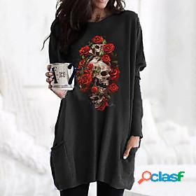 Womens T shirt Dress Long Sleeve Graphic Skull Flower Round