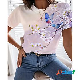 Women's T shirt Floral Bird Round Neck Patchwork Print Basic