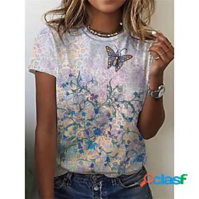 Womens T shirt Floral Butterfly Round Neck Patchwork Print