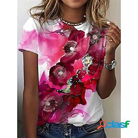 Womens T shirt Floral Plants Round Neck Basic Tops Red / 3D