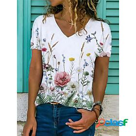 Womens T shirt Floral Plants V Neck Basic Tops White Black