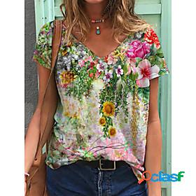 Womens T shirt Floral Plants V Neck Tops Basic Basic Top