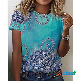 Womens T shirt Floral Round Neck Patchwork Print Basic