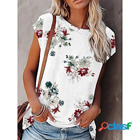 Womens T shirt Floral Round Neck Patchwork Print Basic Tops