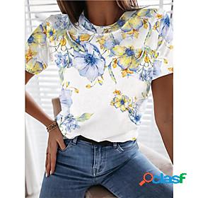 Womens T shirt Floral Round Neck Patchwork Print Basic Tops