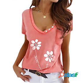 Womens T shirt Floral Text V Neck Print Basic Tops Blue Gray