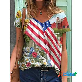 Womens T shirt Floral Theme Floral Plants Flag V Neck Print