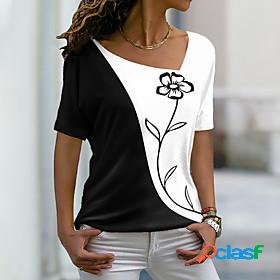 Womens T shirt Floral Theme Painting Floral Color Block V