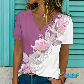 Womens T shirt Floral Theme Painting Floral Color Block V