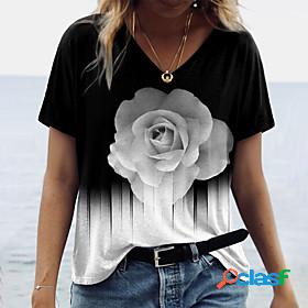 Womens T shirt Floral Theme Painting Rose V Neck Print Basic