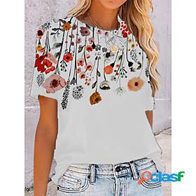 Womens T shirt Flower Round Neck Print Basic Tops Loose