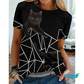 Womens T shirt Geometric 3D Cat Painting Cat Geometric 3D