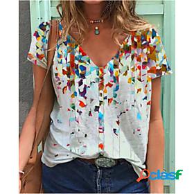 Womens T shirt Geometric V Neck Tops Basic Basic Top White