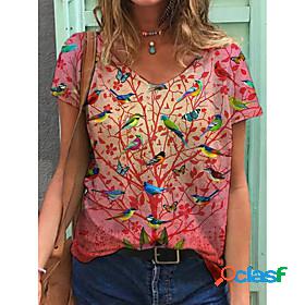 Womens T shirt Graphic Bird Animal Print V Neck Tops Basic