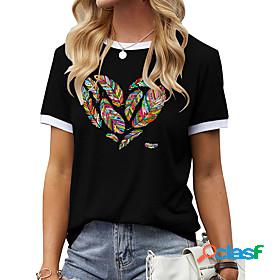 Womens T shirt Graphic Heart Feather Round Neck Patchwork