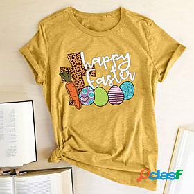 Women's T shirt Happy Easter Graphic Leopard Text Round Neck