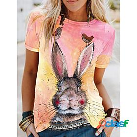 Women's T shirt Happy Easter Painting Rabbit Animal Round