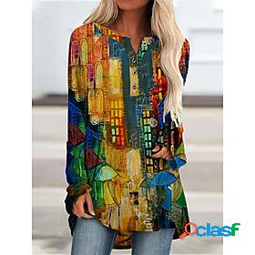 Womens T shirt Long Sleeve Color Gradient Round Neck Print