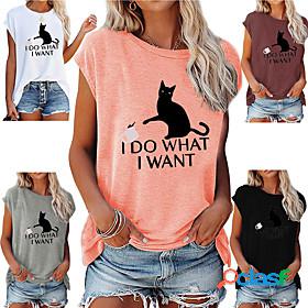 Women's T shirt Painting Cat Text Round Neck Print Basic
