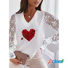 Women's T shirt Painting Couple Floral Heart Lip V Neck