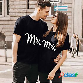 Women's T shirt Painting Couple Heart Text Round Neck Print