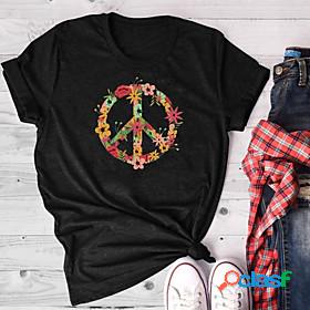 Womens T shirt Painting Floral Peace Love Round Neck Print