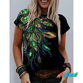 Womens T shirt Painting Graphic Feather Round Neck Print