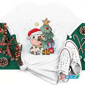 Womens T shirt Painting Reindeer Christmas Tree Animal Round
