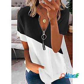 Womens T shirt Plain Color Block V Neck Zipper Patchwork