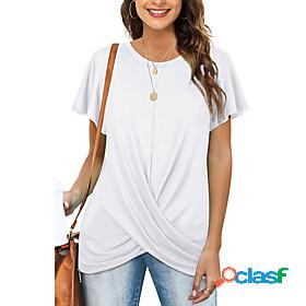 Womens T shirt Plain Round Neck Patchwork Basic Tops White