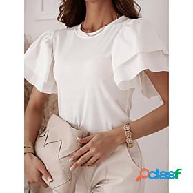 Womens T shirt Plain Round Neck Ruffle Basic Tops White Pink