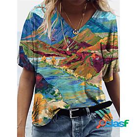Womens T shirt Scenery V Neck Basic Tops Rainbow / 3D Print