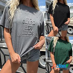 Womens T shirt Striped Letter Round Neck Basic Tops Green
