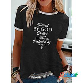 Womens T shirt Text Round Neck Basic Tops Black